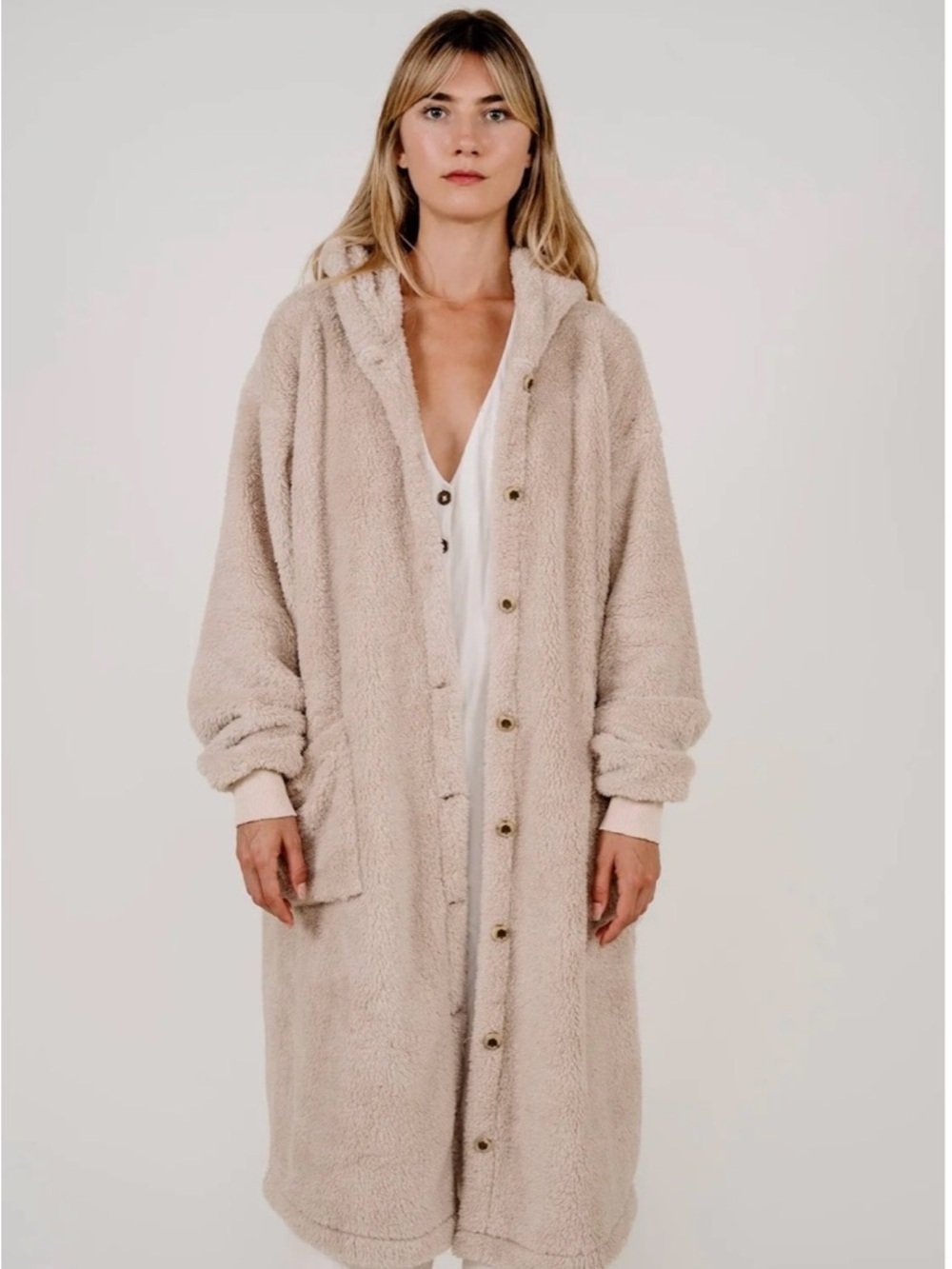 Papasweater Long Teddy Coat Jacket, Repurposed Sherpa Blankets, Rose Beige, OS